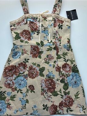 dylan Cream Floral Mini Dress with Blue & Brown Blooms tapestry